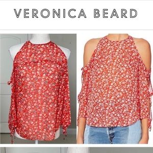 Veronica Beard Flynn Silk Red-Orange Floral Cold Shoulder Top